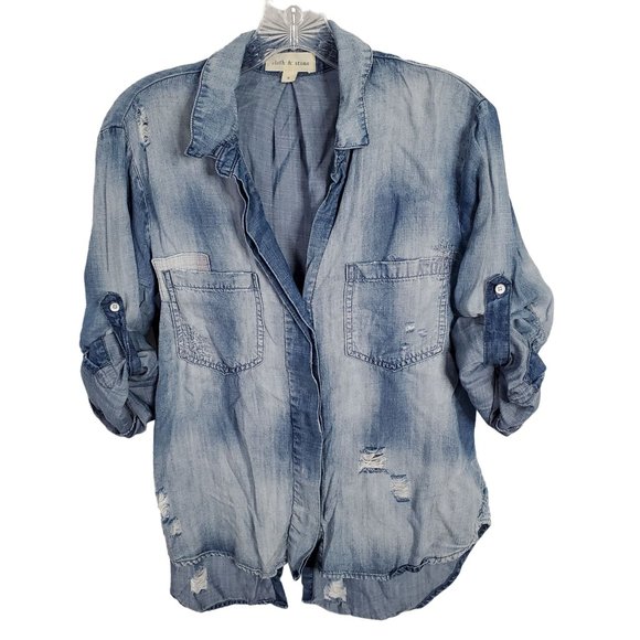 Cloth & Stone Size S Shirt Chambray Button Down Distressed Roll Tab Split Tail - Picture 11 of 12